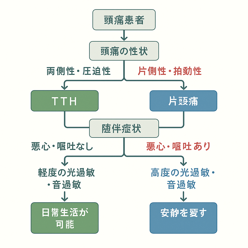 緊張型頭痛（TTH）と片頭痛の鑑別フローチャート（ICHD-3準拠）